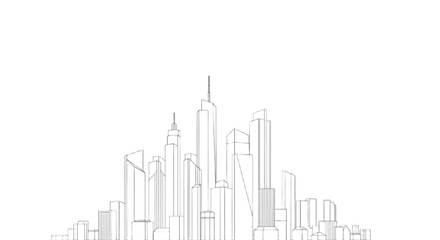Silhouette of a modern city skyline with various skyscrapers and buildings outlined in white against a transparent background.
