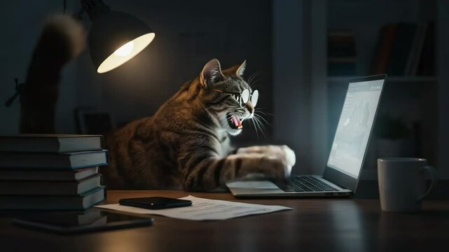 Realistic Cat with Glasses Yawning While Typing on Laptop in Bright Office Setting