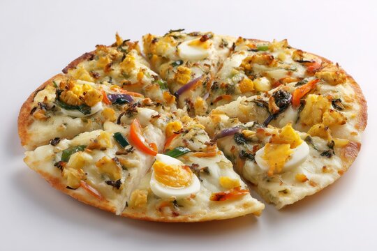 Delicious Newari chatamari rice crepe pizza topped with egg and assorted vegetables presented on a clean white background