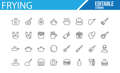Set of Cooking Icons Including Frying, Pots, and Utensils