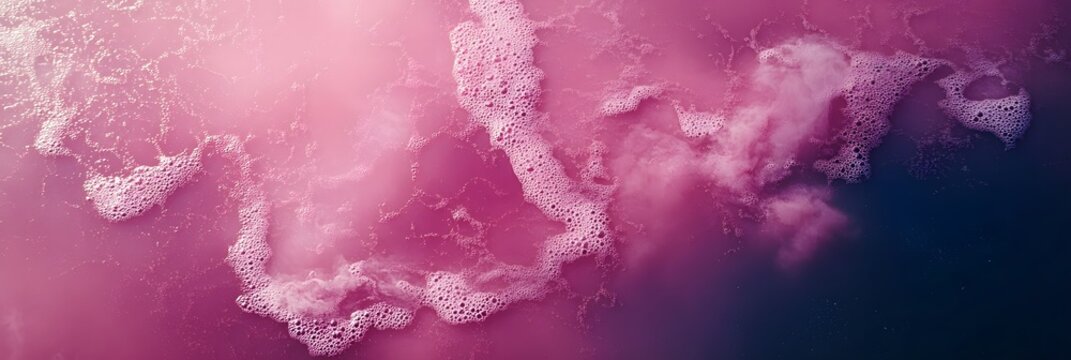 Aerial view of pink liquid with white foam bubbles creating abstract patterns and dark blue corner