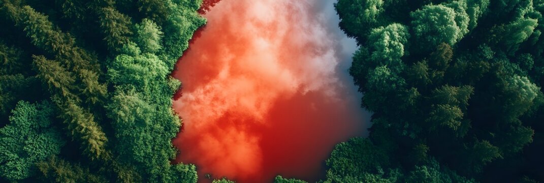 Aerial view of a red lake surrounded by a dense green forest on a cloudy day from above the trees - Powered by Adobe