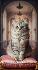 Cute fluffy cat wearing a crown sitting on a pink cushion isolated PNG with Transparent Background