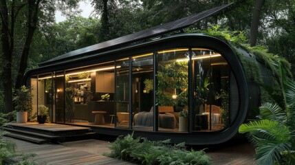 Fototapeta premium Minimalist sustainable home, solar panels, lush green plants, modern eco-friendly interior design