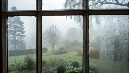 Foggy windowpane with finger-drawn line — blurred view of garden beyond