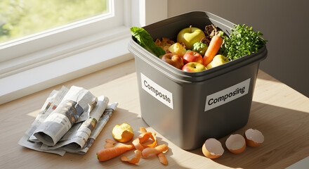 Fresh groceries in reusable box with vegetables and packaged goods on kitchen counter for eco-conscious living