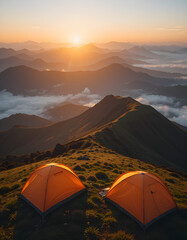 Sunset camping with two bright orange tents on a grassy alpine meadow near a crater rim, overlooking dramatic volcanic landscapes and distant peaks, bathed in golden tropical sunlight and mist.