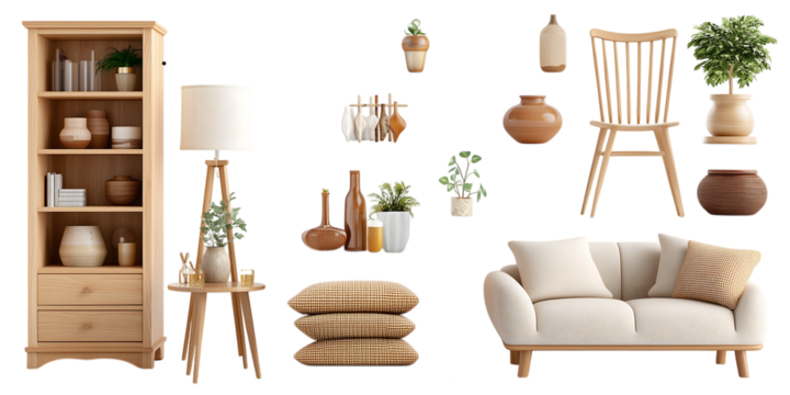 Minimalist Wooden Furniture, Sofa, Decor Vases, Plants and Accessories on White Background