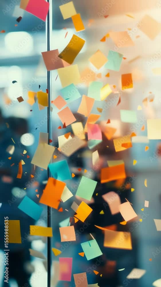 Poster colorful sticky notes are dynamically flying in a modern office environment, symbolizing brainstormi