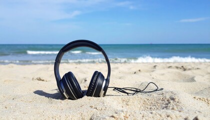 Relaxing auditory experience on the beach with headphones and ocean vibes
