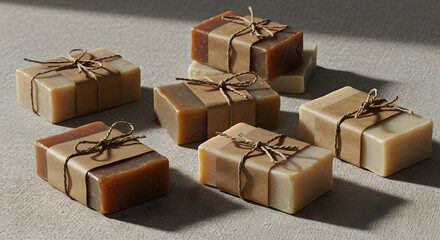 Kraft boxes with twine on soft fabric background for minimalist and eco-friendly gift packaging concept