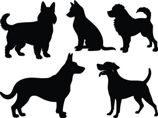 Set of dog silhouette vector. Dogs and puppies in different breed, corgi, golden retriever, poses, standing, jump dog set