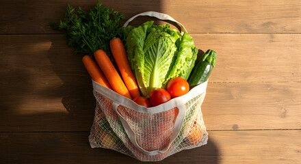Eco-friendly grocery scene with fresh vegetables in reusable bag on wooden background