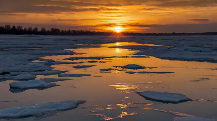 Peaceful Winter Scene Featuring Ice-Covered Water, Radiant Sunset Sky, and Reflective Golden Light