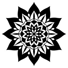 Symmetric Monochrome Mandala with Sharp Floral Design