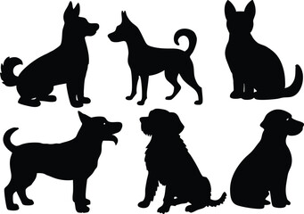Set of dog silhouette vector. Dogs and puppies in different breed, corgi, golden retriever, poses, standing, jump dog set