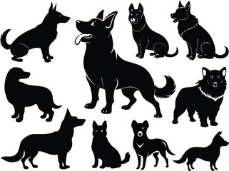 Set of dog silhouette vector. Dogs and puppies in different breed, corgi, golden retriever, poses, standing, jump dog set