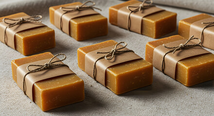 Multiple kraft-wrapped gift boxes arranged in aesthetic grid pattern on neutral background