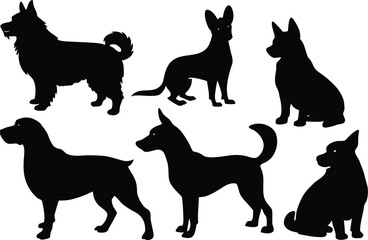 Set of dog silhouette vector. Dogs and puppies in different breed, corgi, golden retriever, poses, standing, jump dog set
