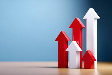 Ascending Red and White Arrows on Table with Blue Background, Financial growth and Business success concept