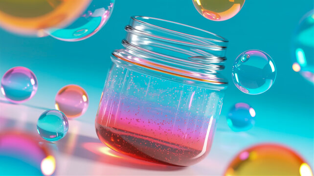 A close-up macro photograph of a glass mason jar with a turquoise-colored liquid inside, creating a gradient effect from clear at the top to a pink-red hue at the bottom.