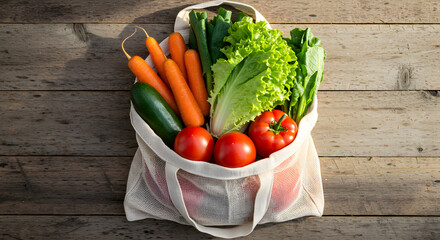 Top view of reusable grocery bag with fresh carrots and lettuce promoting sustainable food habits