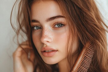 Close-up of young woman brushing her hair, noticing significant hair loss on the comb, illustrating concerns about hair thinning and maintaining hair health., Generative AI