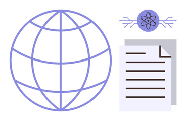 Globe, scientific atom icon with circuits, and document page represent global research, innovation, and data exchange. Ideal for education, technology, science, collaboration learning knowledge