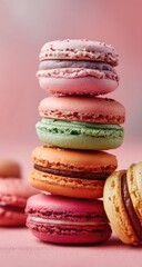 A vibrant stack of pastel-colored macarons, showcasing delicate layers and fillings, rests on a pink surface.  Other macarons are artfully blurred in the foreground and background