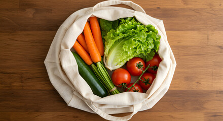 Top view of fresh vegetables in a mesh bag on a wooden round tray symbolizing sustainability and farm-to-table living