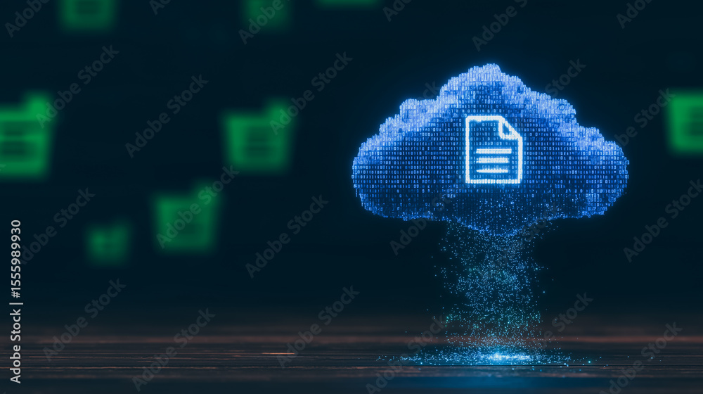 Poster cloud data storage: a futuristic depiction of data security, featuring a digital cloud formation enc