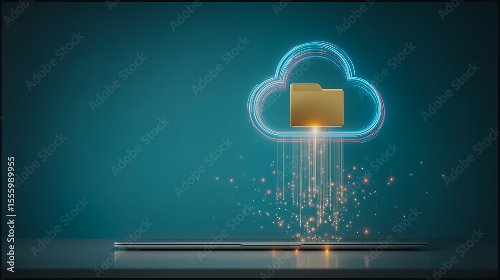 Poster cloud data upload: a digital representation of data transfer and online storage, visualizing a cloud