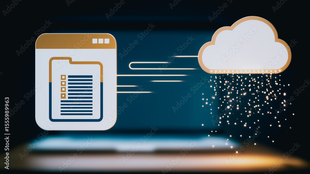Poster cloud data transfer: secure data transfer to cloud storage, symbolized by document icon moving to cl