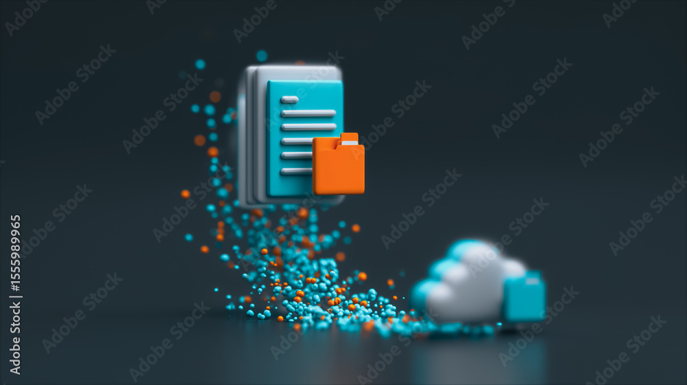 Poster cloud document storage: an artistic rendering of data documents floating toward a cloud, illustratin