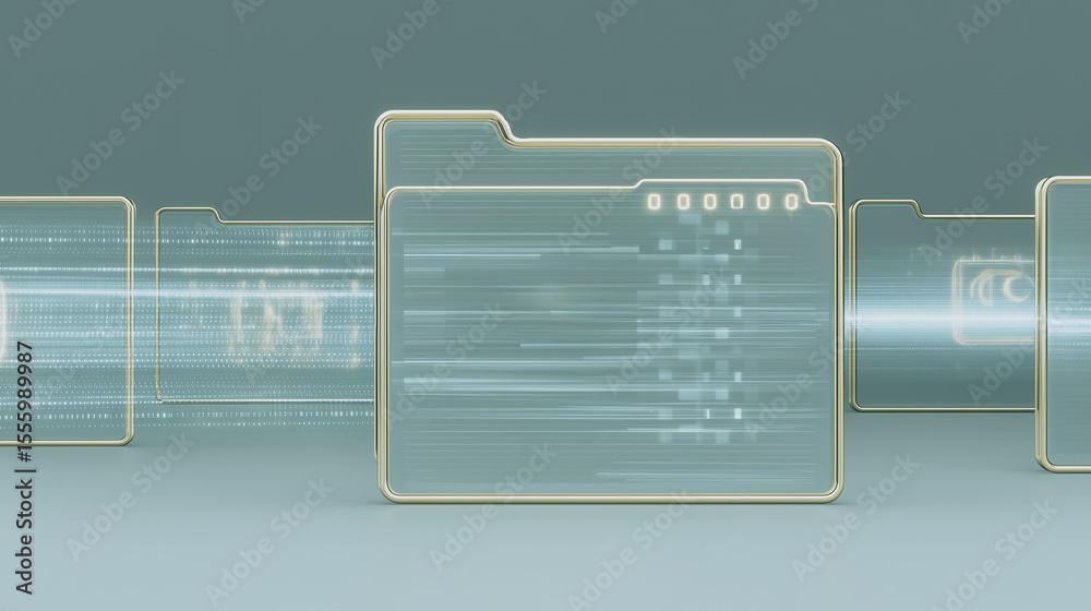 Poster digital data transfer: transparent folders with data streams flow seamlessly, representing the rapid