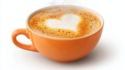 Warm pumpkin spice latte cup with steam forming a heart resting on white background ready for cozy autumn moments