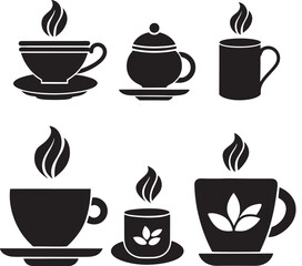 Coffee and Tea Cup Silhouette Icon Set on White Background


