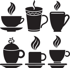 Coffee and Tea Cup Silhouette Icon Set on White Background

