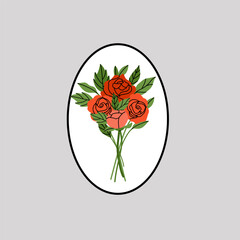 Roses composition. Red flowers and green leaves. Decorative element, frame, border and divider, underline. Bouquet with blossoms. Botanical garland. Vector cartoon flat style isolated illustration