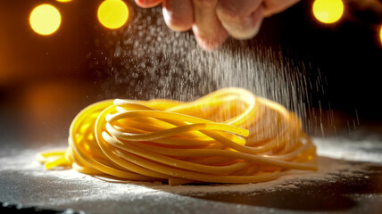 A close-up macro photograph of freshly made pasta being dusted with flour.