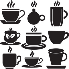 Coffee and Tea Cup Silhouette Icon Set on White Background

