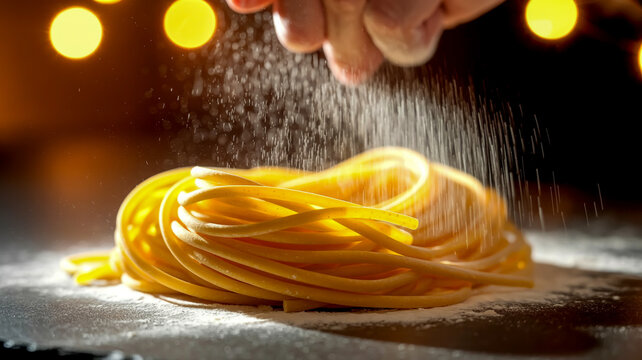 A close-up macro photograph of freshly made pasta being dusted with flour.