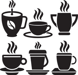 Coffee and Tea Cup Silhouette Icon Set on White Background

