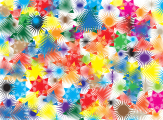 A colorful digital illustration with sharp star patterns and repeating radial shapes. This abstract design creates a dynamic, playful, and modern feel in a dense and expressive composition