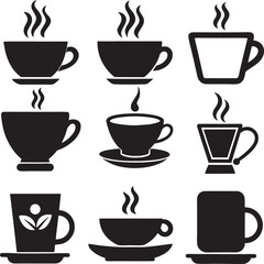 Coffee and Tea Cup Silhouette Icon Set on White Background

