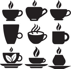 Coffee and Tea Cup Silhouette Icon Set on White Background

