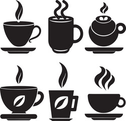 Coffee and Tea Cup Silhouette Icon Set on White Background

