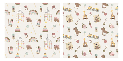 Baby toys seamless pattern. Beige newborn wooden ecological accessories, train. Rainbow and cubes for toddler games. Decor textile, wrapping paper, wallpaper. Print for fabric. Vector background