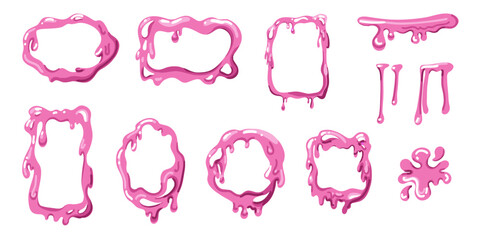 Slime pink frame. Different forms border for graphic design. Melting liquid, abstract blob drip, square and round, jelly splash and spot. Decorative background. Vector cartoon isolated set