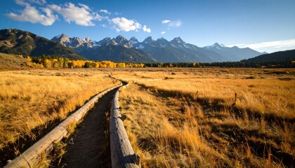Picturesque Autumn Prairie Vista with Log Pathway Leading to Distant Mountain Peaks